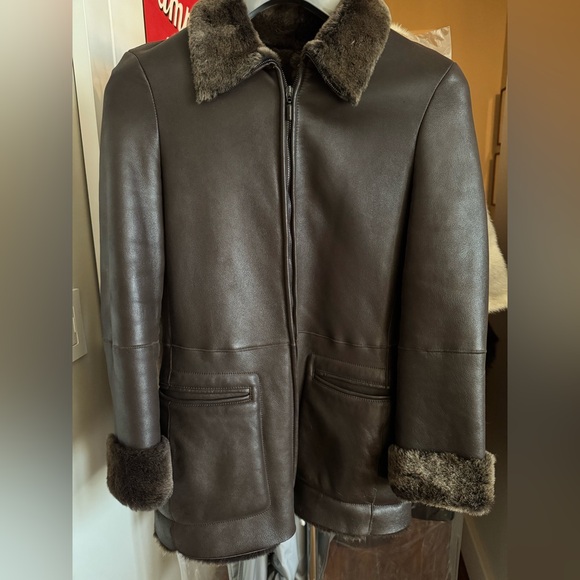Giorgio Armani Vintage Shearling Leather Jacket Coat 90s Brown IT 40